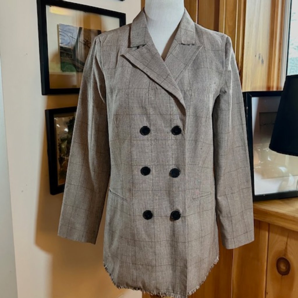 Nwt - Romeo + Juliet Long Beige Brown Glen Plaid Double Breasted Jacket - S